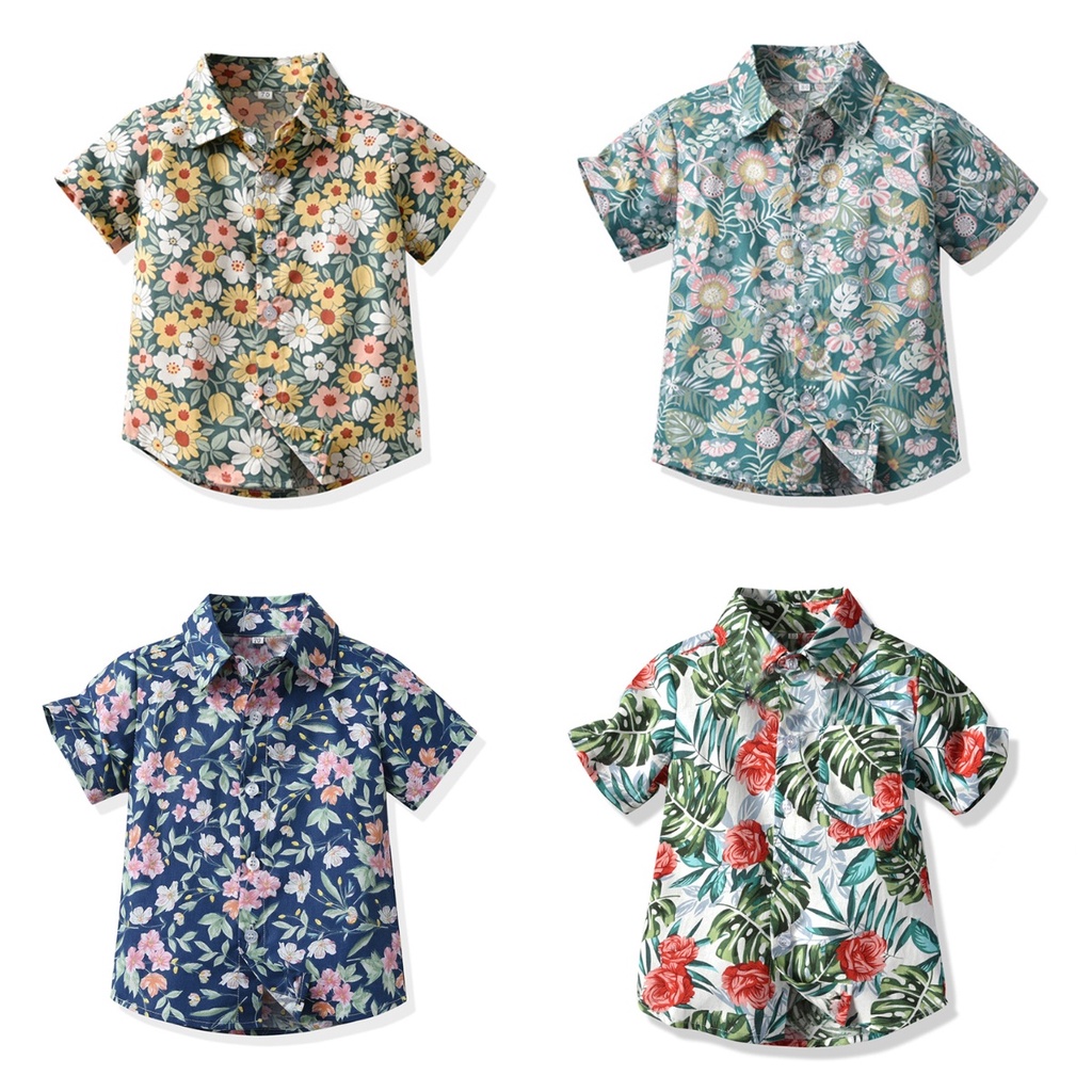 เสื้อเชิ้ตแขนสั้นลําลอง ผ้าฝ้าย ลายดอกไม้ สไตล์ฮาวาย แฟชั่นฤดูร้อน สําหรับเด็กผู้ชาย 0109