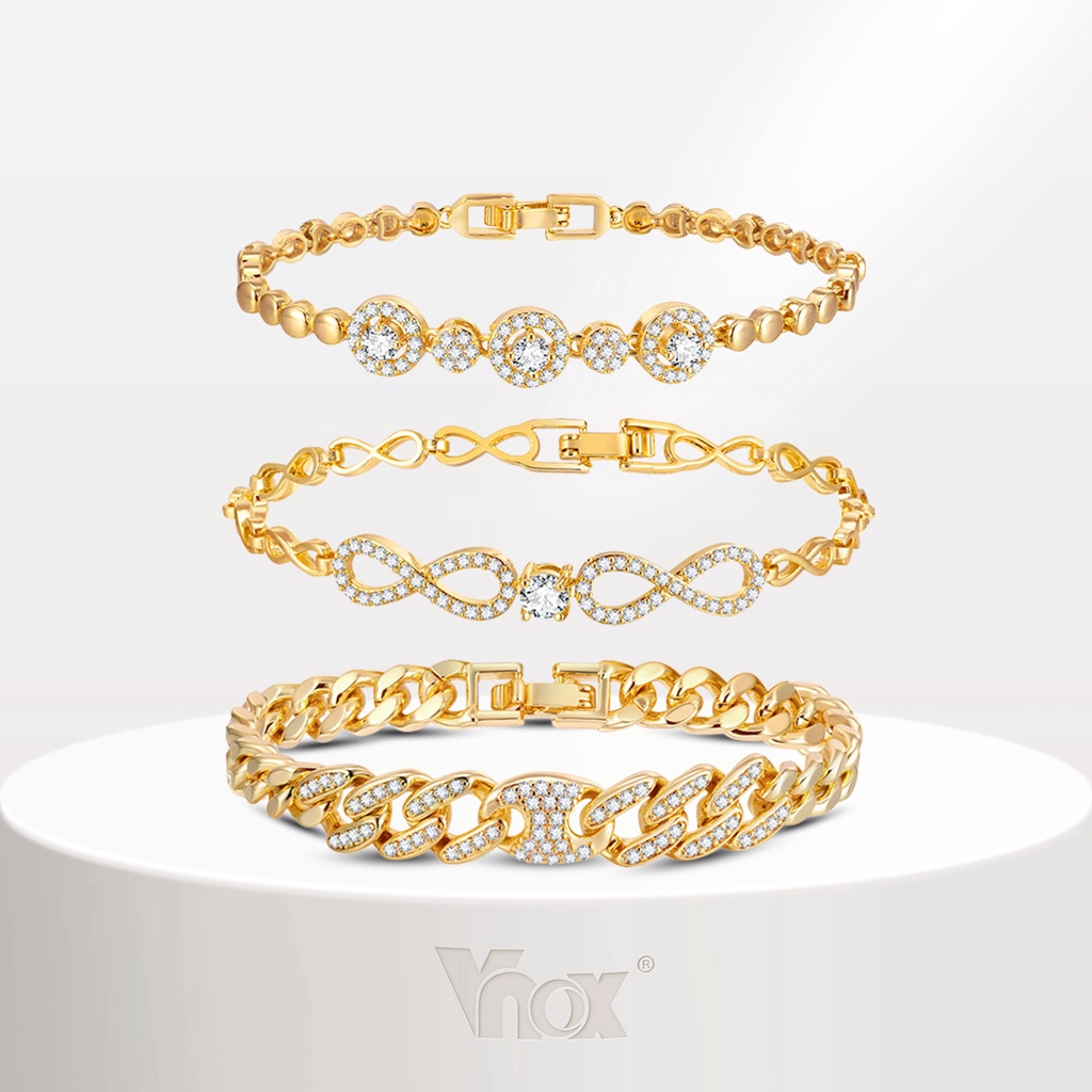 Vnox Cubic Zirconia Cuban สร้อยข้อมือโซ่ ลูกปัดทอง 18k ประดับเพทาย แวววาว สําหรับผู้หญิง