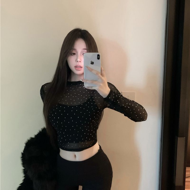 เสื้อคอเต่า ผ้าลูกไม้ ประดับพลอยเทียม ยืดหยุ่นสูง สไตล์เรโทร เซ็กซี่ สําหรับผู้หญิง