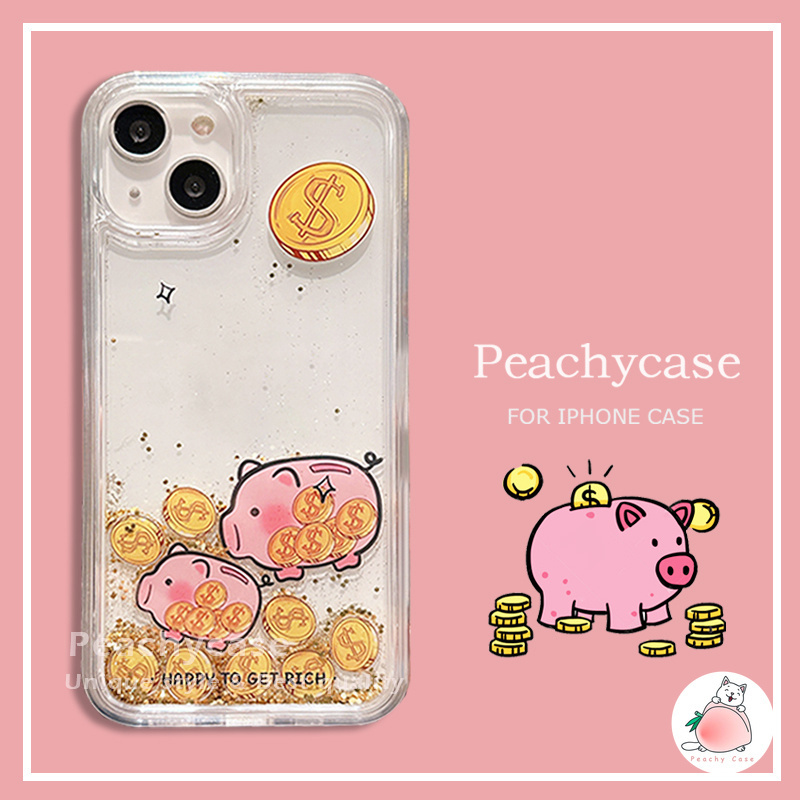เคสโทรศัพท์มือถืออะคริลิคแข็ง ปิดด้านหลัง แบบกลิตเตอร์ในของเหลว ลายหมูน่ารัก สีชมพู สําหรับ iPhone 15 14 13 12 Pro Max 11