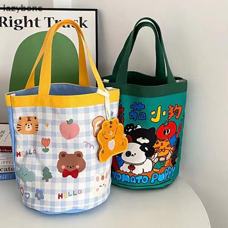 {LZ} แบบพกพาสัตว์น่ารักรูปแบบ Graffiti Bucket Bag Ins พิมพ์กระเป๋าทรงกระบอกผ้าใบกระเป๋า Bento กล่องอาหารกลางวันมือถือกระเป๋า {lzybone}