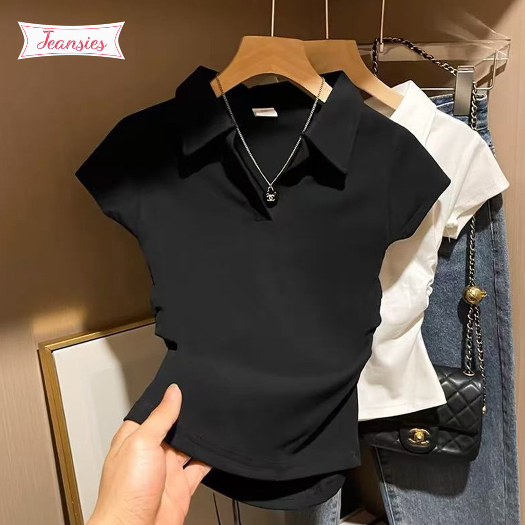 เสื้อยืดแขนสั้นผู้หญิง สีขาว คอปก สไตล์เรียบหรู เข้ารูป
