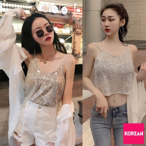 เสื้อสายเดี่ยวคอวี งานสวย ปักเลื่อมทั้งตัว แฟชั่น