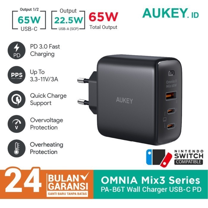 Aukey PA-B6T Charger 65W 45W 3 พอร์ต USB Type A/C PPS PD QC 27W 30W 25W