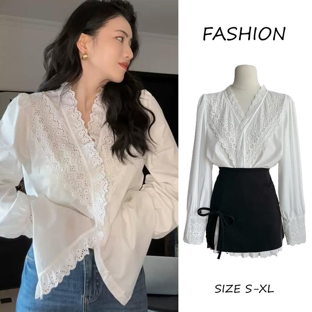 mimi&didi#เสื้อลูกไม้ปักสีขาวคอวีแขนยาวสไตล์ย้อนยุค สไตล์ฝรั่งเศส เสื้อเชิ้ตลำลองสไตล์หรูหรา สำหรับผู้หญิง#W546