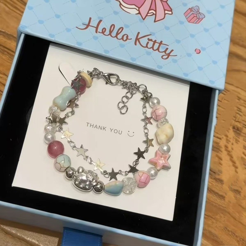 แฟชั่นเกาหลี Dopamine น่ารัก Hello Kitty Star Duallayer สร้อยข้อมือแฟนนักเรียนสร้อยข้อมือลูกปัดของขวัญเครื่องประดับ