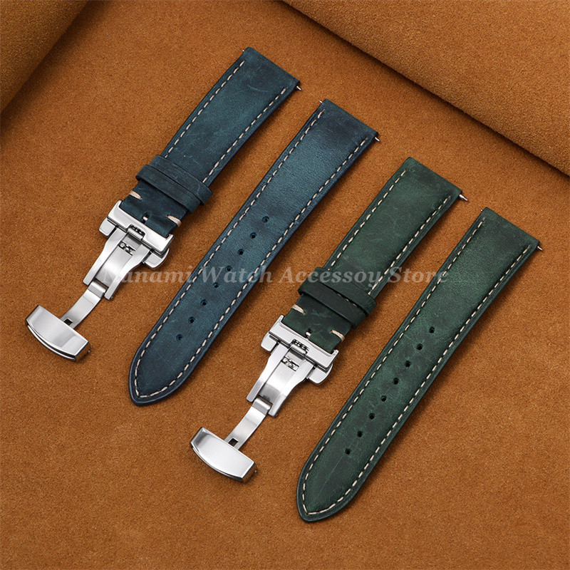 Retro Cowhide Quick Release สายนาฬิกา 14 มม.16 มม.18 มม.20 มม.22 มม.24 มม.หนังแท้หัวเข็มขัดผีเสื้อ Watchband ผู้ชายผู้หญิงธุรกิจสร้อยข้อมือเข็มขัด
