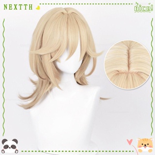 Nextth Genshin Kaveh วิกผมคอสเพลย์ ผ้าลินิน สีทอง 50 ซม. ทนความร้อน สําหรับปาร์ตี้ฮาโลวีน