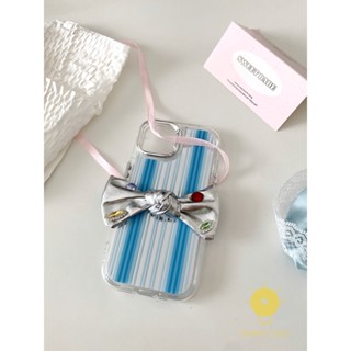 For เคสไอโฟน 14 Pro Max [Blue Mirror Stripe Bowknot] เคส Phone Case For iPhone 14 Pro Max 13 12 11 For เคสไอโฟน11 Ins Korean Style Retro Classic Couple Shockproof Protective TPU Cover Shell