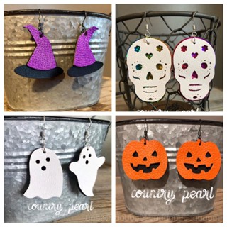 0908WSJ Amazon Halloween Leather Earrings Water Drop Shape Pumpkin Lamp Ghost Skull Printed PU Leather Earrings V18Y