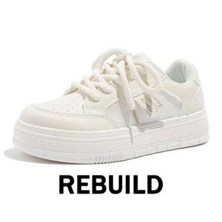 REBUILD รองเท้าผ้าใบผู้หญิง สีขาว พื้นหนา รองเท้าผ้าใบส้นสูงส้นหนา รองเท้าแฟชั่น ผูกเชือก 2023 NEW FBX2390QIP 37Z230913