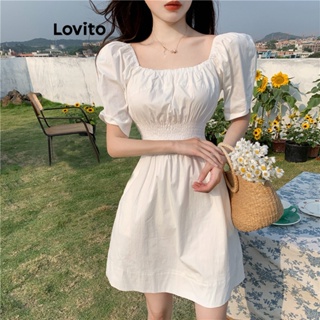 Lovito ชุดเดรส แขนสั้น ทรงเอ หรูหรา สําหรับผู้หญิง LNA25059 (สีขาว)