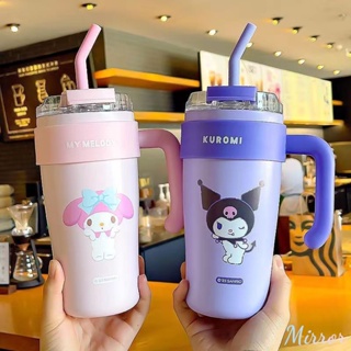 850มล. Sanrio ขวดเก็บความร้อนถ้วยน้ำแข็งพร้อมที่จับ Kuromi Cinnamoroll กระติกน้ำสูญญากาศถ้วยฟางแก้วเก็บความเย็นความจุขนาดใหญ่ถ้วยเครื่องดื่มคู่ M