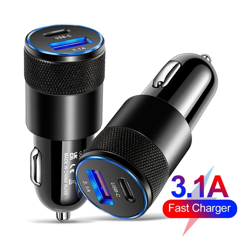 Type C USB 2 Port Car Charger Phone Charger 3A Fast Charging 12V 15W Cigarette Lighter Adapter Power