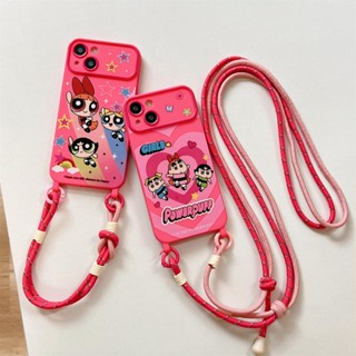 เคสโทรศัพท์มือถือ ซิลิโคนนิ่ม Tpu ลาย The Powerpuff Girls พร้อมสายคล้อง สําหรับ iPhone 15 14 13 12 11 Pro Max