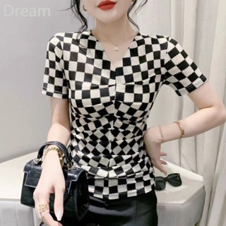 Summer new checkerboard short lace printed cross V-neck top slimming Western style aging womens T-shirt short sleeve