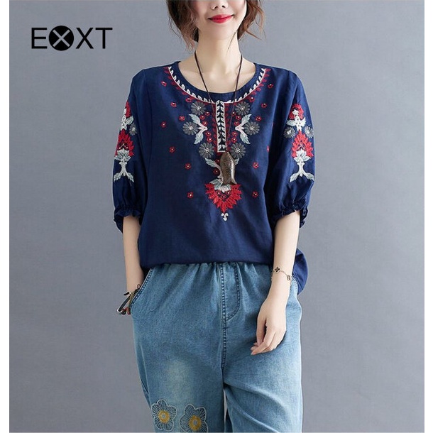 Edqrdq EXXT เสื้อยืด แขนพัฟ 3/4 ผ้าฝ้าย ผ้าลินิน ปักลายดอกไม้ สไตล์โบฮีเมียน สําหรับผู้หญิง