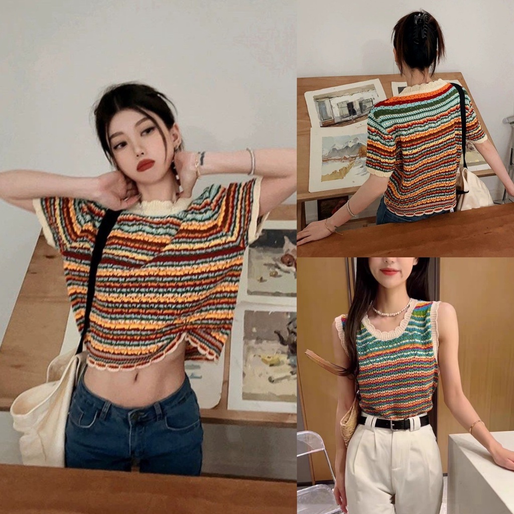 Pudding ~พร้อมส่ง~ "CZ020/CZ019"เสื้อถักไหมพรมลายทาง ขายแยก 2แบบ  -C