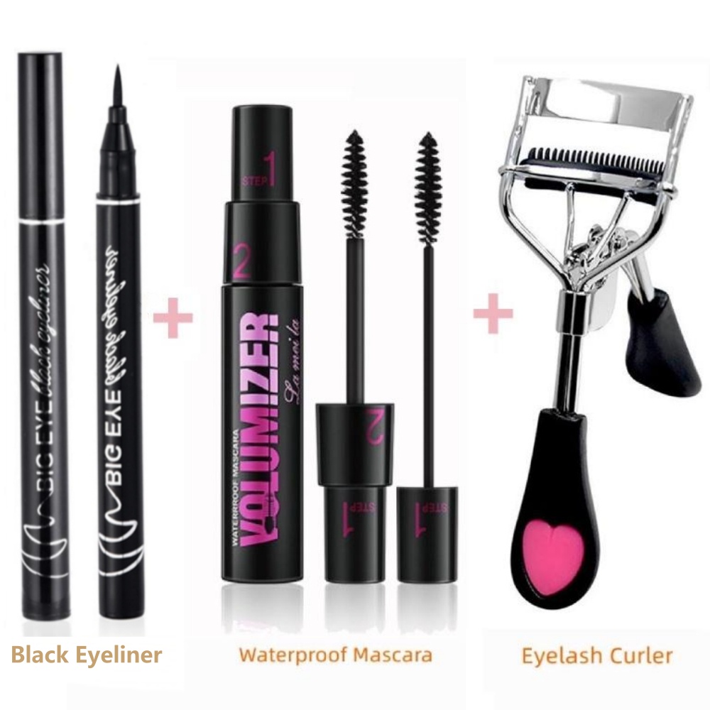 ชุดแต่งตา 3 ชิ้น 2 ใน 1 มาสคาร่ากันน้ํา + ที่ดัดขนตา + อายไลเนอร์สีดํา