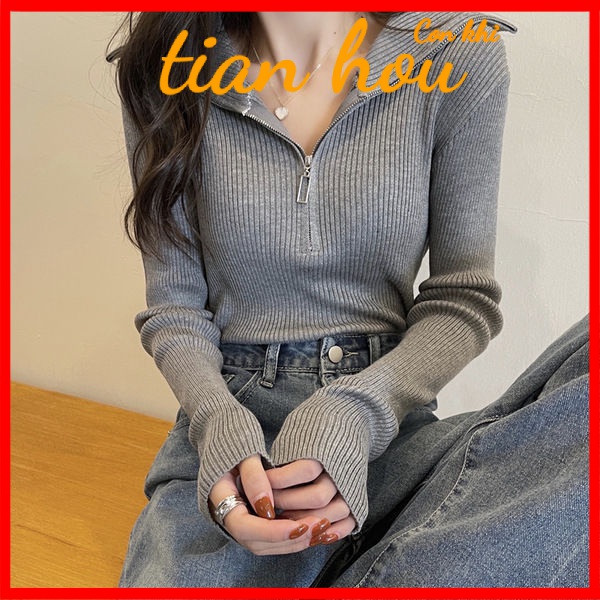 เสื้อแขนยาว คอปก ผ้าถัก มีซิป สไตล์ฝรั่งเศส แฟชั่นฤดูใบไม้ร่วง สําหรับผู้หญิง U9W8