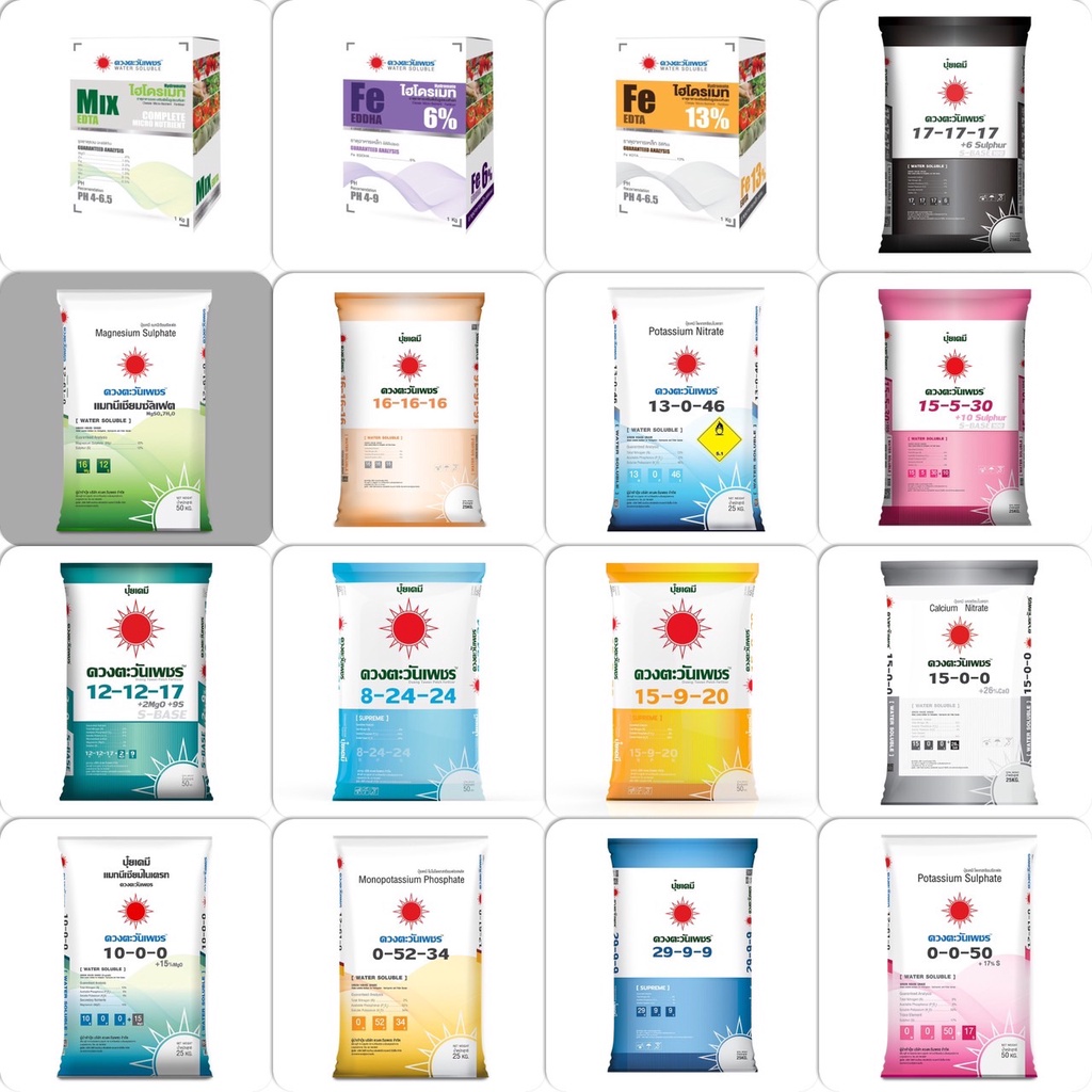 แม่ปุ๋ยปุ๋ยเกล็ดปุ๋ยไฮโดรโปนิกส์ ปุ๋ยระบบน้ำหยด เกรดละลายน้ำ100% ชนิดแบ่งขาย 15-0-0,13-0-46,8-24-24,