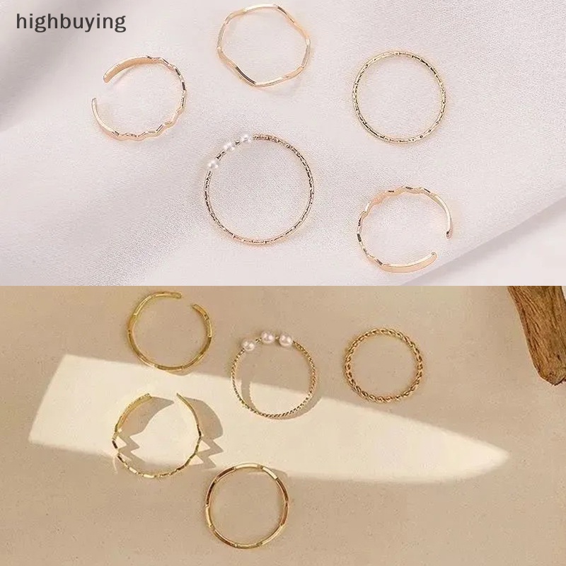 [highbuying] 5 ชิ้น สไตล์เกาหลี เรียบง่าย มุก หยัก รูปร่างรวมกัน แหวนนิ้ว ชุดเปิด ปรับได้ แหวน สําหรับผู้หญิง พังก์ แฟชั่น เครื่องประดับใหม่ พร้อมส่ง
