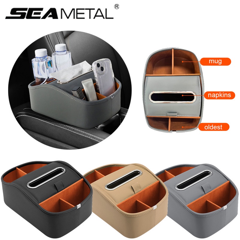 Seametal หนัง PU ที่เท้าแขนรถกล่องเก็บของมัลติฟังก์ชั่ Pocket Catcher ออแกไนเซอร์โทรศัพท์ขวดที่วางแก้วในรถอุปกรณ์เสริม