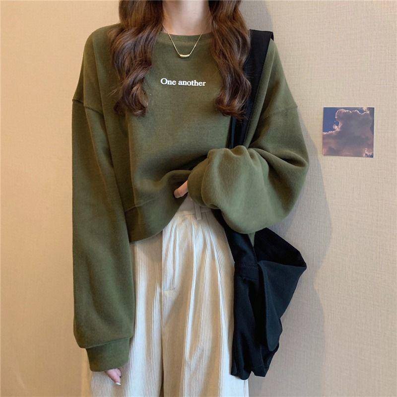 เสื้อกันหนาว แขนยาว พิมพ์ลายตัวอักษร แบบสวมหัว แฟชั่นฤดูใบไม้ร่วง สําหรับผู้หญิง