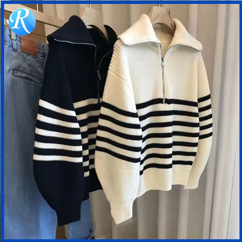 เสื้อกันหนาว คอปกโปโล ผ้าถัก ลายทาง สไตล์ฝรั่งเศส วินเทจ แฟชั่นฤดูใบไม้ร่วง ฤดูหนาว สําหรับผู้หญิง