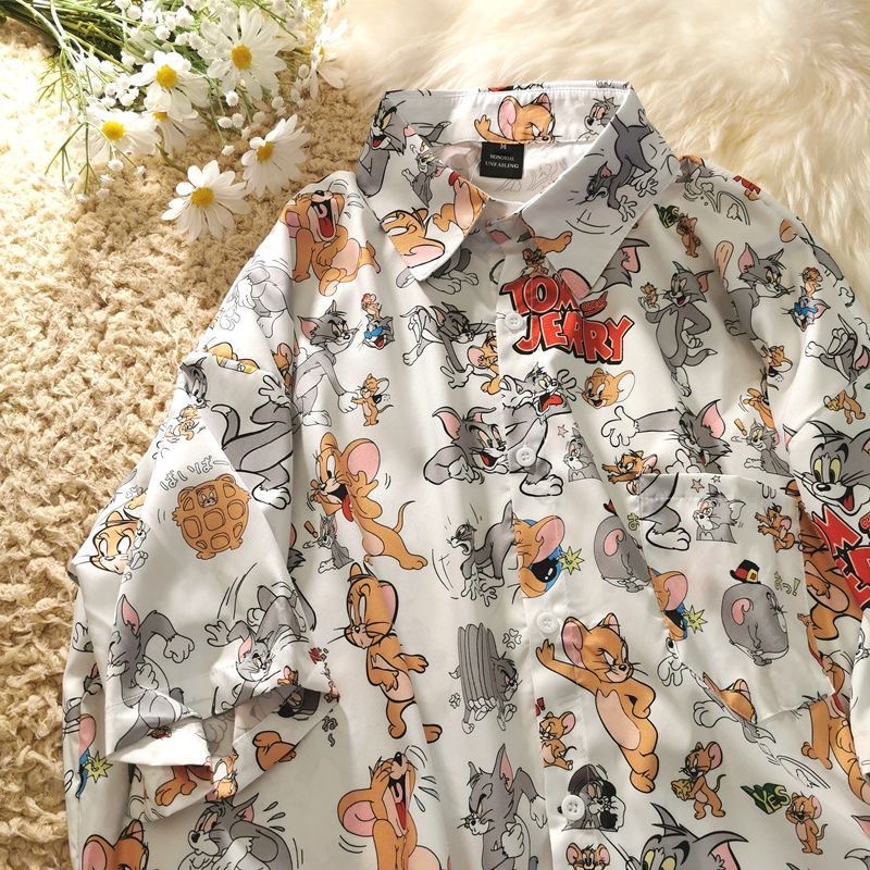 เสื้อโปโลแขนสั้นลําลอง ผ้าชีฟอง ทรงหลวม พิมพ์ลายการ์ตูนน่ารัก สไตล์เกาหลีวินเทจ แฟชั่นสําหรับสตรี