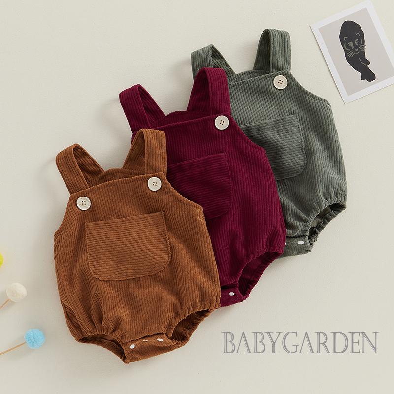 Baga-0-24 เดือน ชุดรอมเปอร์ ผ้าลูกฟูก สีพื้น กระเป๋า แขนกุด สายรัดเสื้อผ้าเด็ก