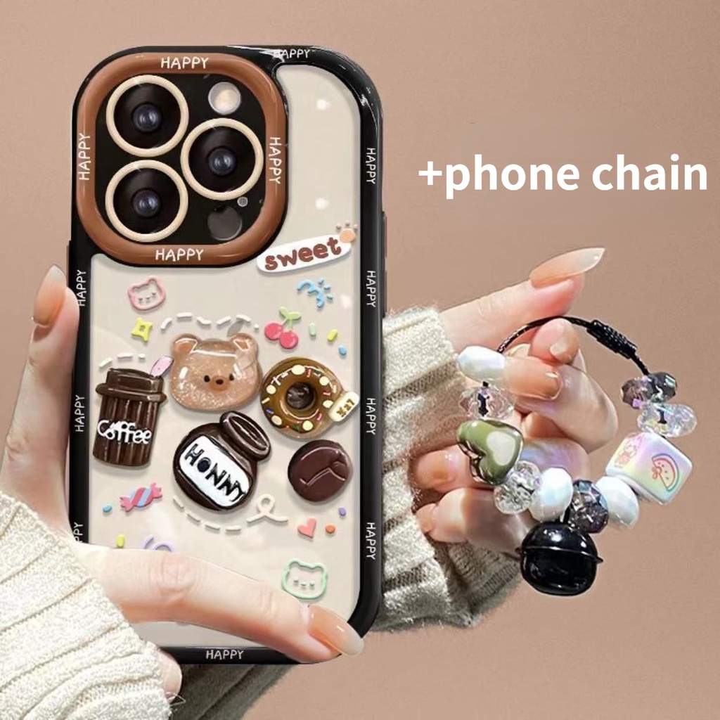 เคสโทรศัพท์มือถือแบบนิ่ม กันกระแทก กันรอยกล้อง ลายตุ๊กตาหมีกาแฟน่ารัก พร้อมสายคล้อง สําหรับ iPhone15 14 13 12 11 Pro MAX IXS MAX XR XS 7 8 Plus