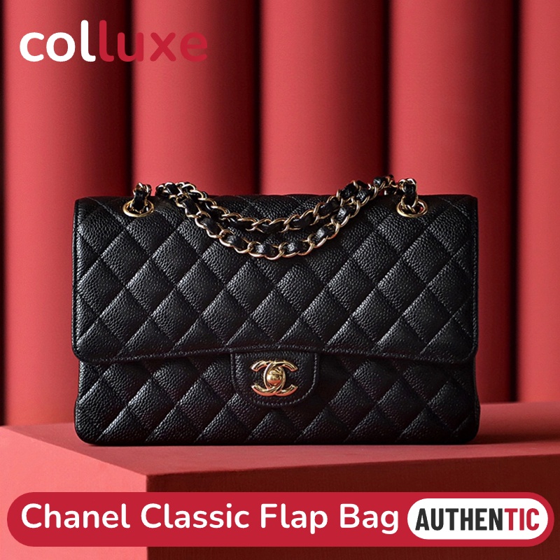 แบรนด์ใหม่และเป็นของแท้/ชาแนล Chanel Classic Flap CF Shoulder Bag สีดำ GHW &amp; SHW กระเป๋าสะพายผู้หญิง Caviar คาเวียร์