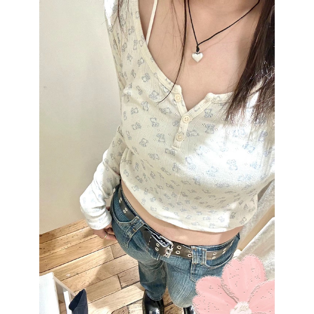 Brandy Melaville เสื้อยืดแขนยาว ผ้าฝ้ายแท้ ทรงสลิมฟิต ลายหมี BM แฟชั่นฤดูใบไม้ร่วง และฤดูหนาว สําหรับผู้หญิง