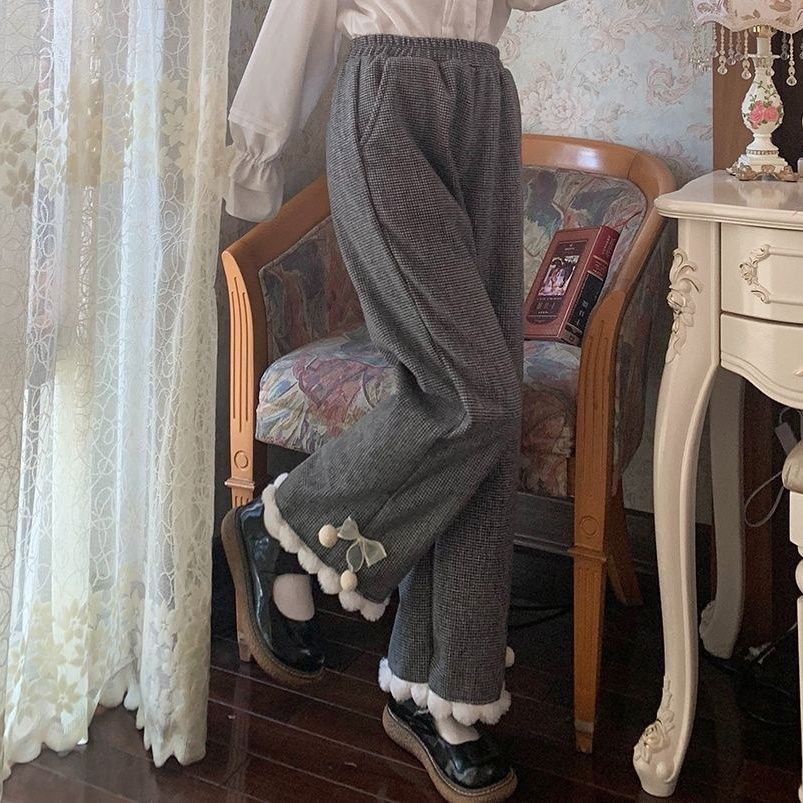 กางเกงขากว้างลําลอง ผ้าวูล ประดับโบว์ ทรงหลวม ขนาดเล็ก แฟชั่นฤดูใบไม้ร่วง และฤดูหนาว สําหรับเด็กผู้หญิง