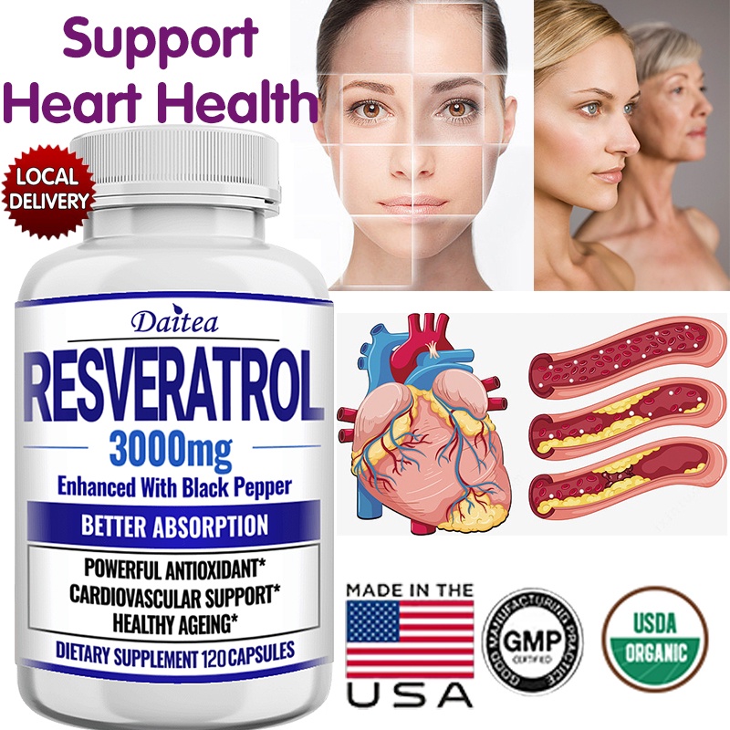 Resveratrol ผลิตภัณฑ์เสริมอาหาร 3000 มก. เพิ่มการดูดซึม เพื่อสุขภาพผิว และหัวใจ 120 แคปซูล