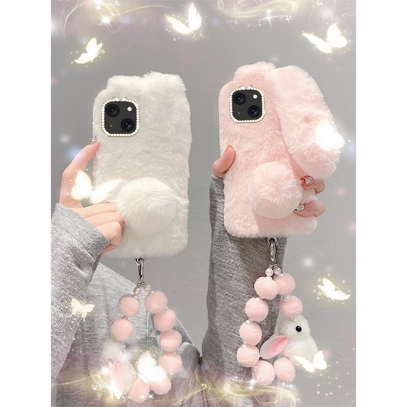 เคสโทรศัพท์มือถือ ผ้ากํามะหยี่ขนนิ่ม แต่งหูกระต่าย 3D พร้อมสายคล้อง สําหรับ IPhone 15 Pro Max 14 13 12 11 Pro X XR XS Max 8 7 Plus SE