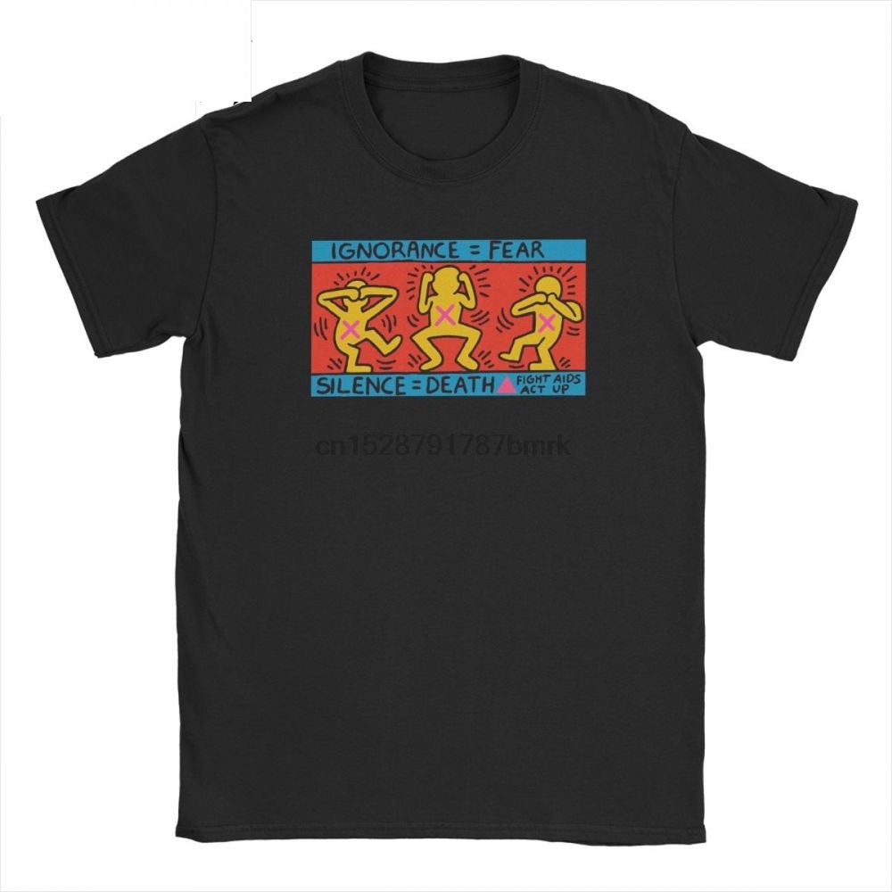 คลาสสิก เสื้อยืดคอกลมผ้าฝ้ายพิมพ์ลาย Keith Haring Ignorance Fear สําหรับผู้ชาย