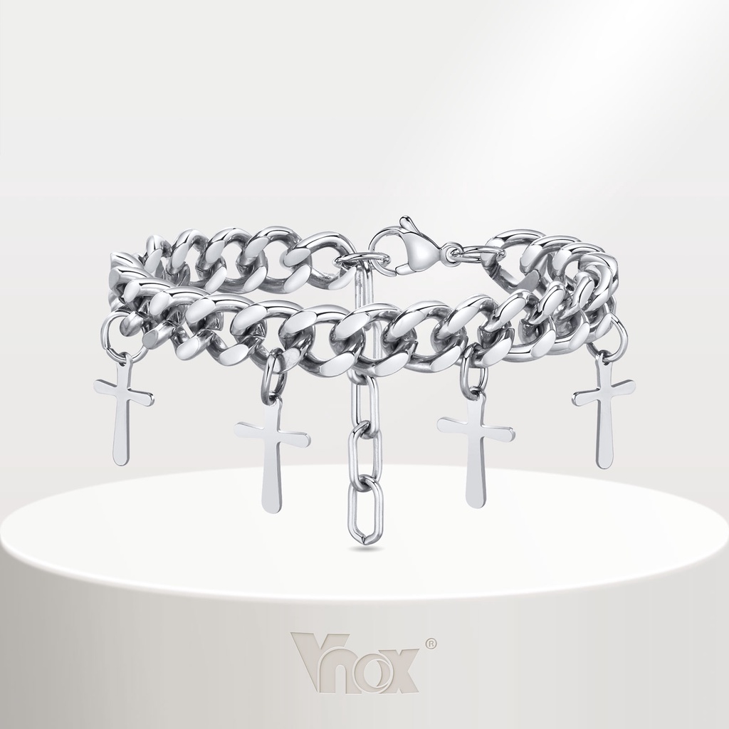 Vnox สร้อยข้อมือโซ่ สเตนเลส 9 มม. ไม่ซีดจาง ป้องกันอาการแพ้ พร้อมจี้ไม้กางเขน เครื่องประดับแฟชั่นผู้ชาย