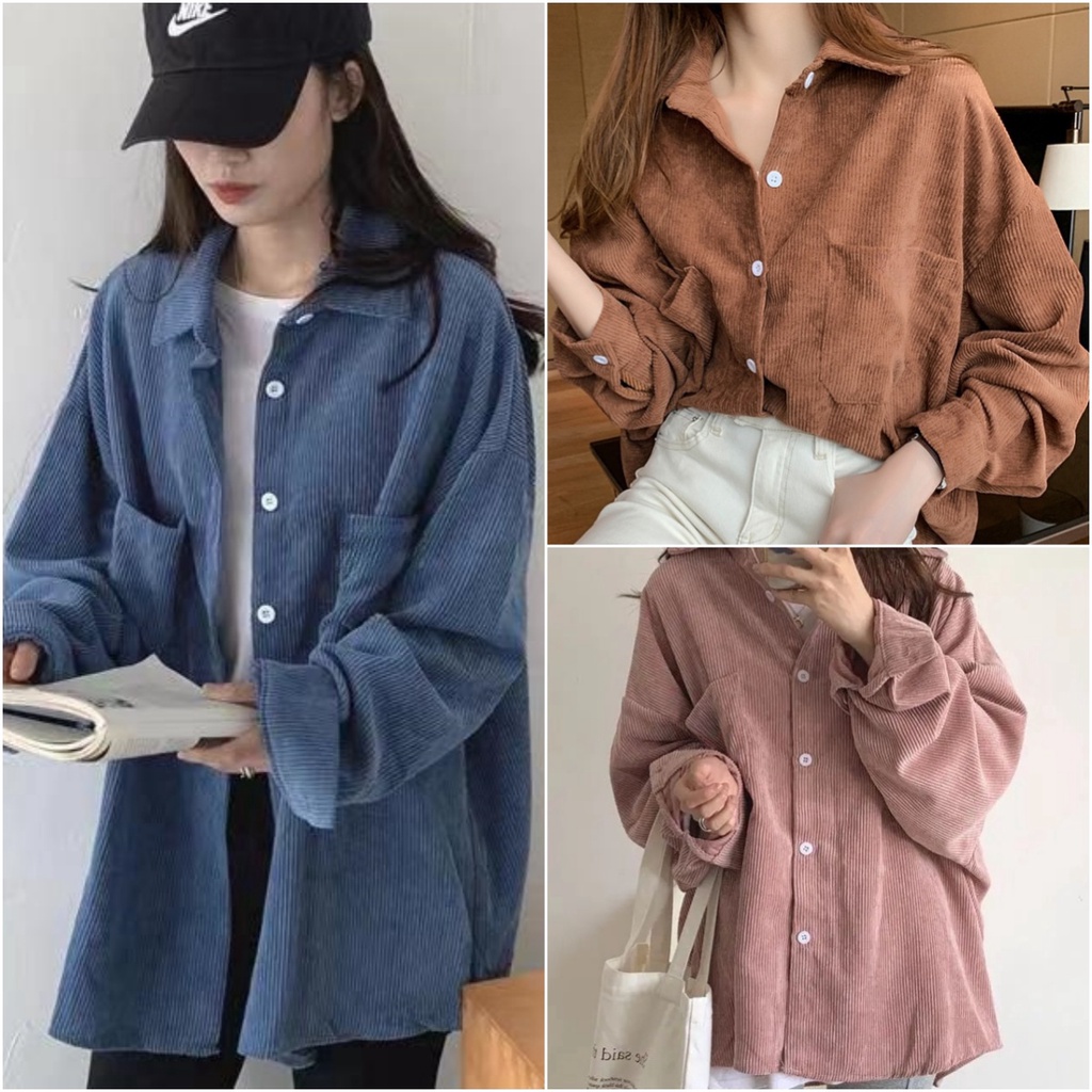 Chic พร้อมส่ง เสื้อแขนยาว เสื้อคอปก ผ้าลูกฟูก สไตล์เกาหลี กันแดด กันหนาว