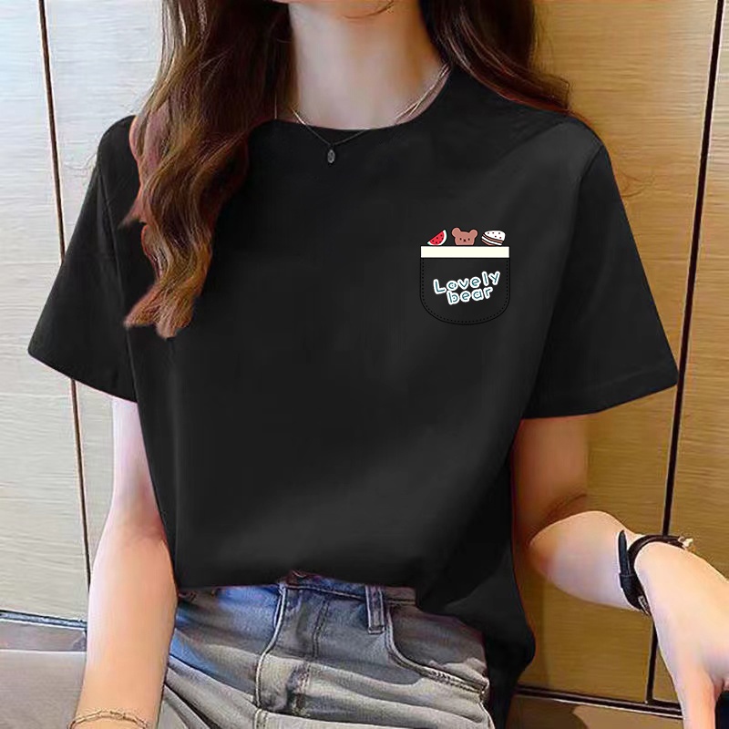 เสื้อยืดคอกลม แขนสั้น ทรงหลวม สีแดง แฟชั่นสําหรับผู้หญิง