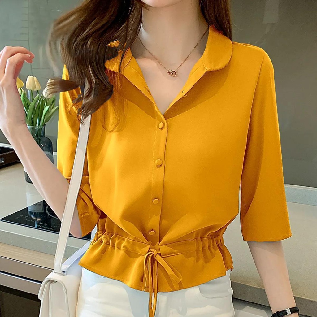 เสื้อเชิ้ตแขน 3/4 ผ้าชีฟอง สีพื้น หรูหรา แฟชั่นฤดูใบไม้ผลิ ฤดูใบไม้ร่วง สําหรับผู้หญิง