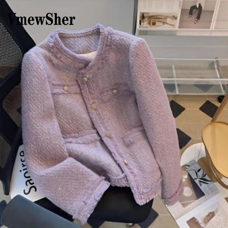 Vmewsher เสื้อแจ็กเก็ตแขนยาว คอกลม แต่งกระดุม สีม่วง สไตล์วินเทจ แฟชั่นฤดูใบไม้ผลิ และฤดูใบไม้ร่วง สําหรับผู้หญิง
