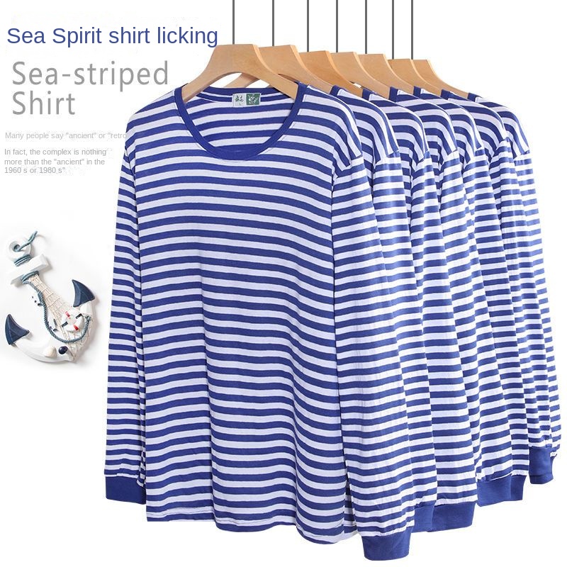 เสื้อยืดแขนยาว คอกลม ทรงหลวม ลายทาง สีน้ําเงิน และสีขาว สไตล์ทหารเรือ สําหรับผู้ชาย