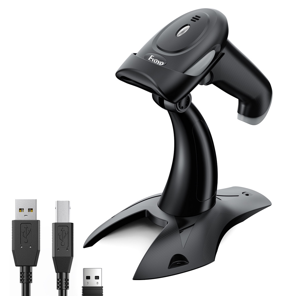 Eyoyo เครื่องสแกนบาร์โค้ดไร้สายพร้อมขาตั้งเครื่องสแกนบาร์โค้ด 2.4G ไร้สายบลูทูธแบบมีสาย USB 1D 2D มื