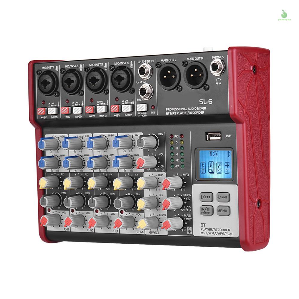 Sl-6 เครื่องผสมคอนโซล แบบพกพา 6 ช่อง 2-band EQ ในตัว 48V Phantom Power รองรับการเชื่อมต่อ BT USB เครื่องเล่น MP3 สําหรับบันทึกเครือข่าย DJ ถ่ายทอดสด คาราโอเกะ