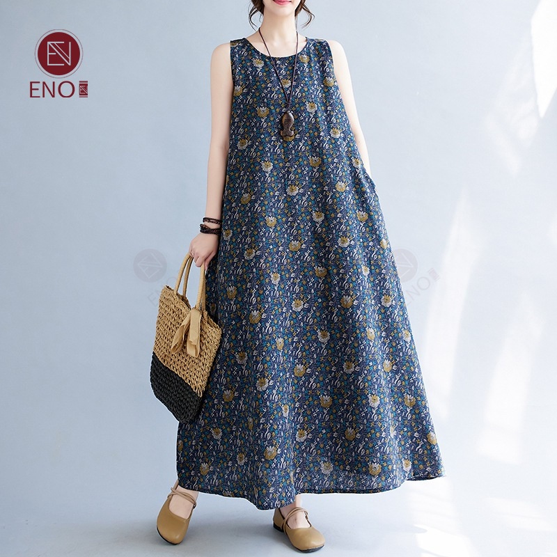 Eno ใหม่ผ้าฝ้ายและผ้าลินิน Art หลวมพิมพ์ Retro Fragmented ดอกไม้เสื้อกล้ามแขนกุดสําหรับผู้หญิง