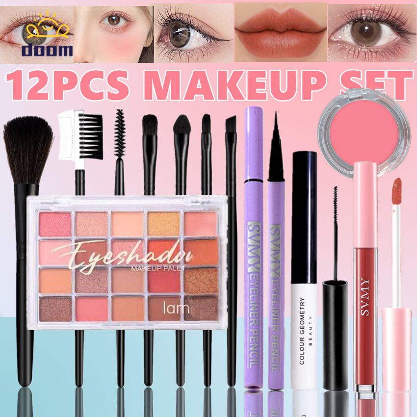 (ชุดแต่งหน้า 12 ชิ้น) พาเลทอายแชโดว์สียี่สิบสี เซ็ตอายแชโดว์ Pearlescent Matte แต่งหน้าพาเลท อายไลเนอร์ มาสคาร่า ลิปเคลือบ 7 ชิ้น ชุดแปรงแต่งหน้า เครื่องสำอางติดทน 【doom】