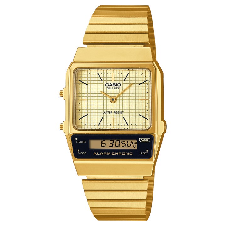 [Time Cruze] Casio AQ-800 Retro Dual Time Adjustable Gold Stainless Steel Grid Dial Men Watch AQ-80