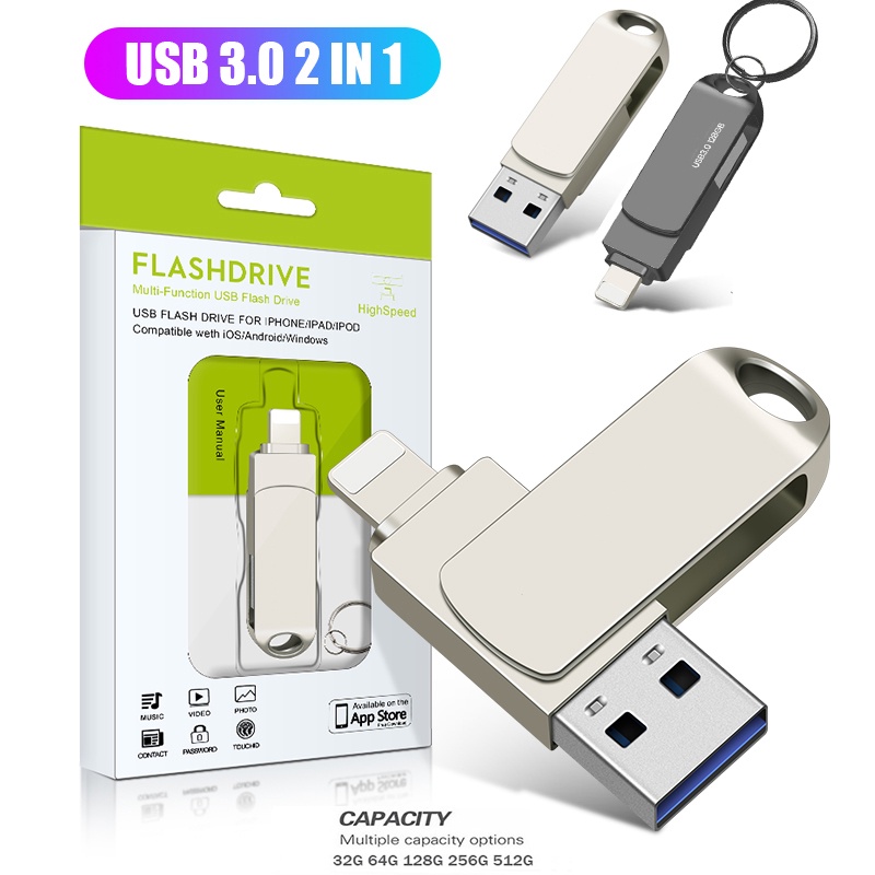 Otg แฟลชไดรฟ์ USB 3.0 32GB 64GB 128GB 256GB 512GB 1TB พร้อมอินเตอร์เฟซ 2 in 1 USB-A เป็น lightnin usb3.0